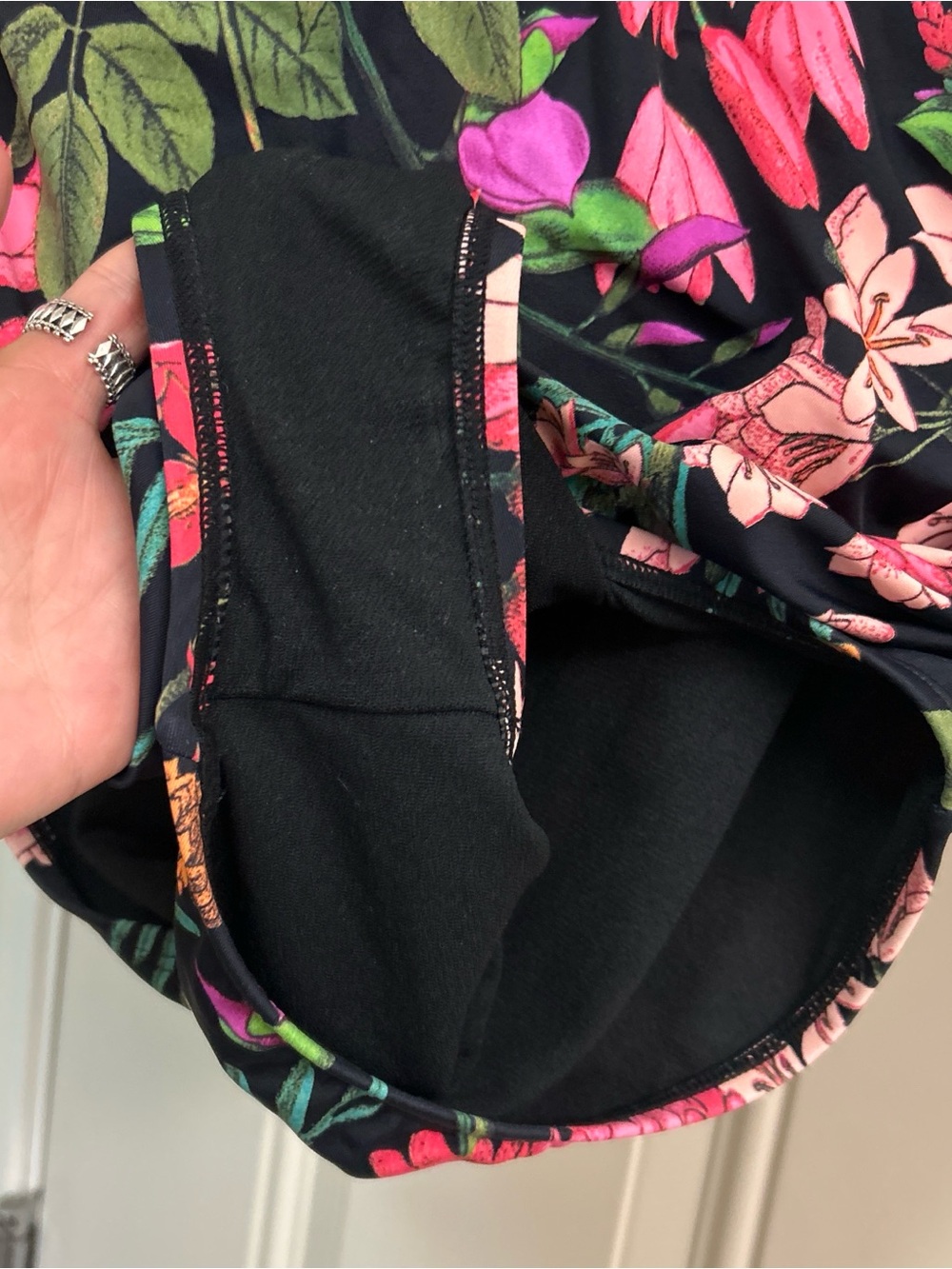 Time and Tru Black Floral One-Piece Swimsuit with Pink & Green Print - Picture 3 of 4
